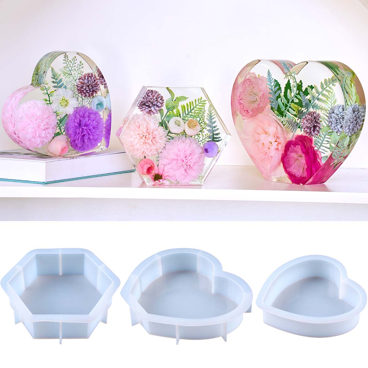 Resin Art Heart - 大型愛シリコンモールド DIY ハート六角形エポキシ樹脂モールド花保存ブックエンド装飾品クラフト鋳造金型