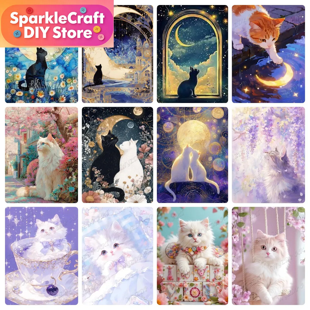 Resin Art Work - 動物猫月ダイヤモンド塗装キット 5D DIY モザイクダイヤモンド刺繍手作りアート絶妙なギフト家の装飾