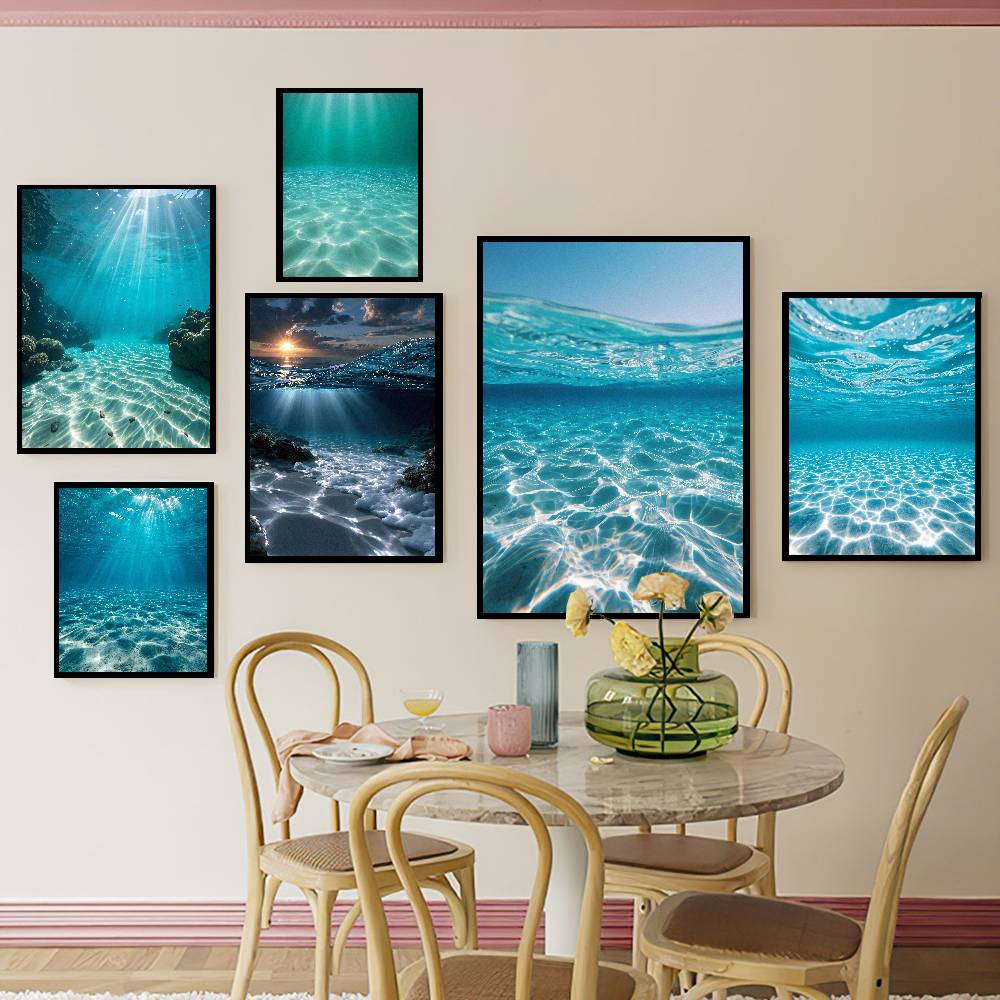 Resin Art Underwater - クールな水中海景ポスター、透明なターコイズブルーの海、水中を通過する太陽光線、熱帯海底風景ポスター
