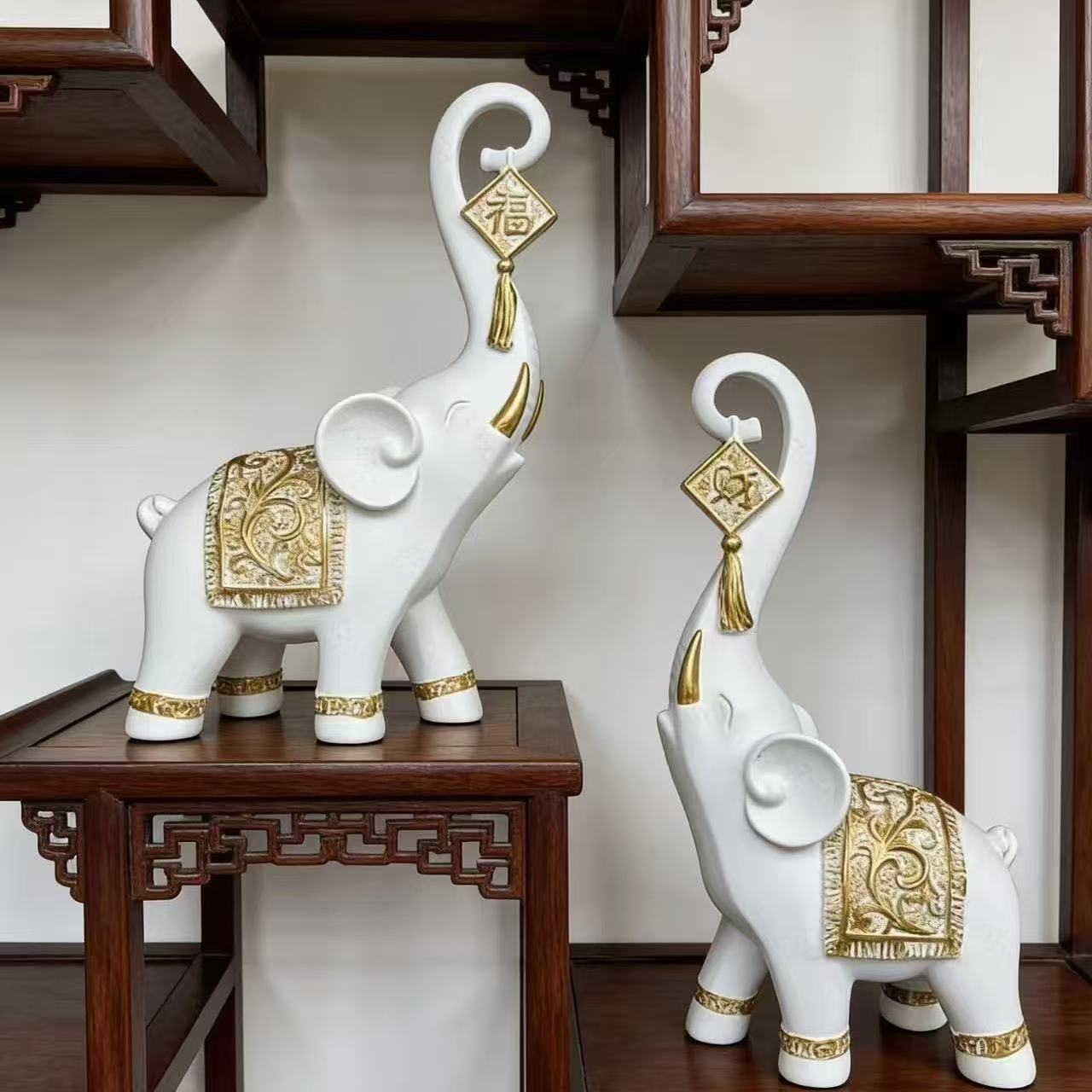 Resin Art For Wedding Gift - 1 ペア中国風幸運の象の鼻の置物家の装飾動物樹脂象像アート工芸品装飾品ギフト